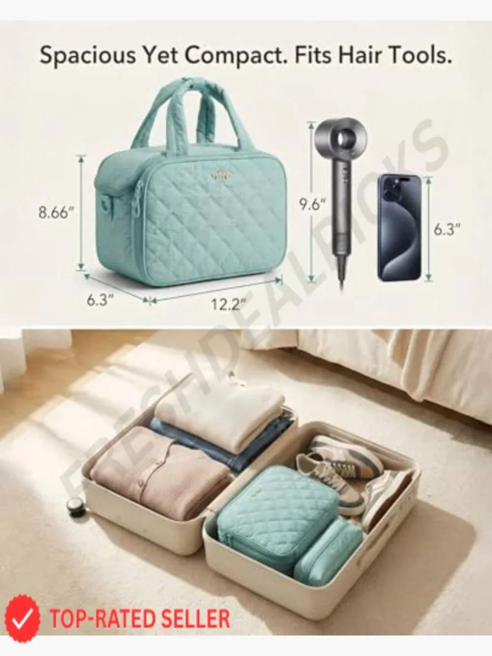 Large Quilted Toiletry Bag Puffy Travel Makeup Organizer with Removable Divider